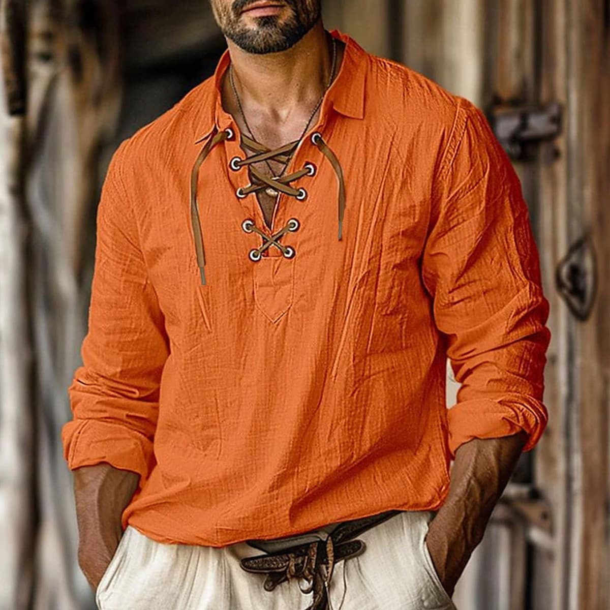 Casual Fashionable Large Size Men's Linen Shirt with Rope Ties Long Sleeve V-Neck Motorcycle Style Shirt for Men