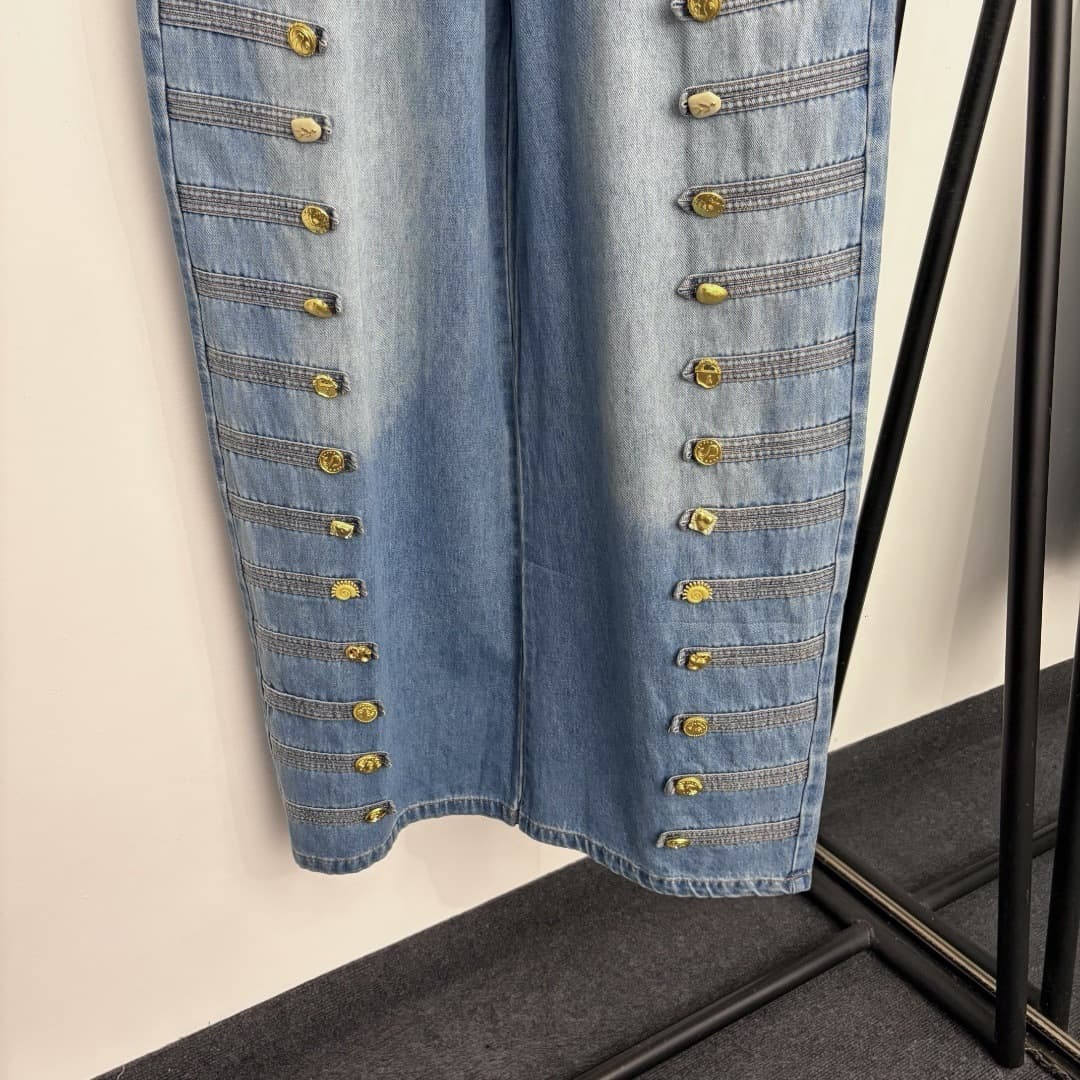 Nanyou High-End Export Style Women's New Stitched Embroidery Double-Breasted Irregular Gold Button High-Waist Wide-Leg Denim Long Pants