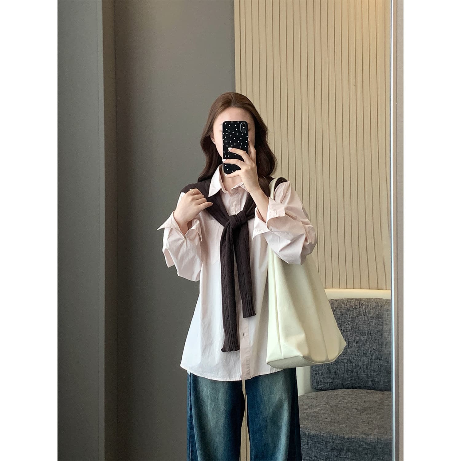 Korean Chic Casual Contrast Knit Shawl Loose-Fit 100% Cotton Long-Sleeve Shirt 2026 New Versatile