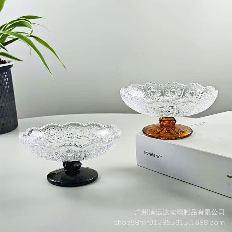 Embossed glass tall plate, candy snack plate, fruit plate, high-looking fruit plate, small exquisite snack plate, home use