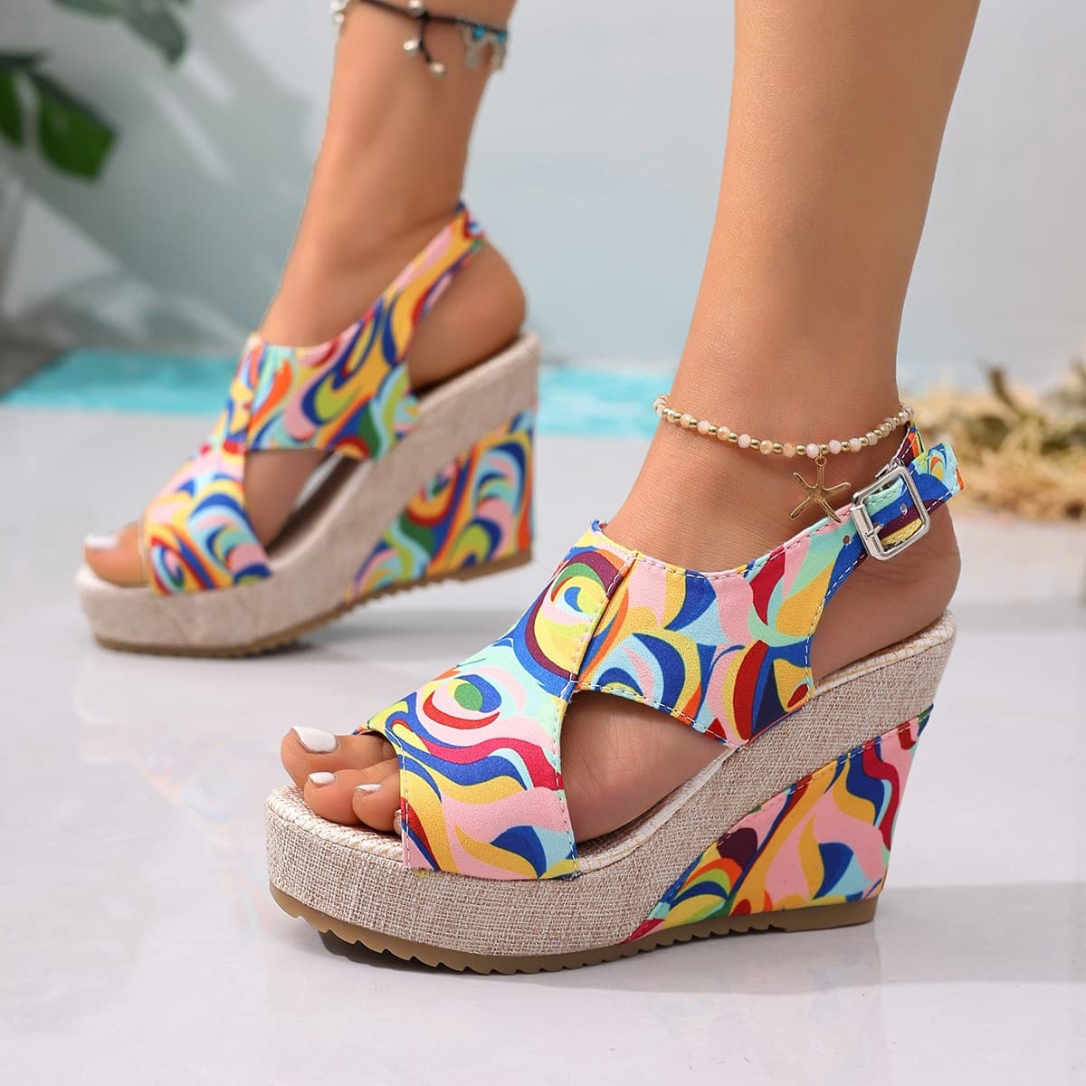 European and American Cross-border Plus Size Wedge Sandals for Women Summer New Bohemian Style Thick Sole Beach Sandals