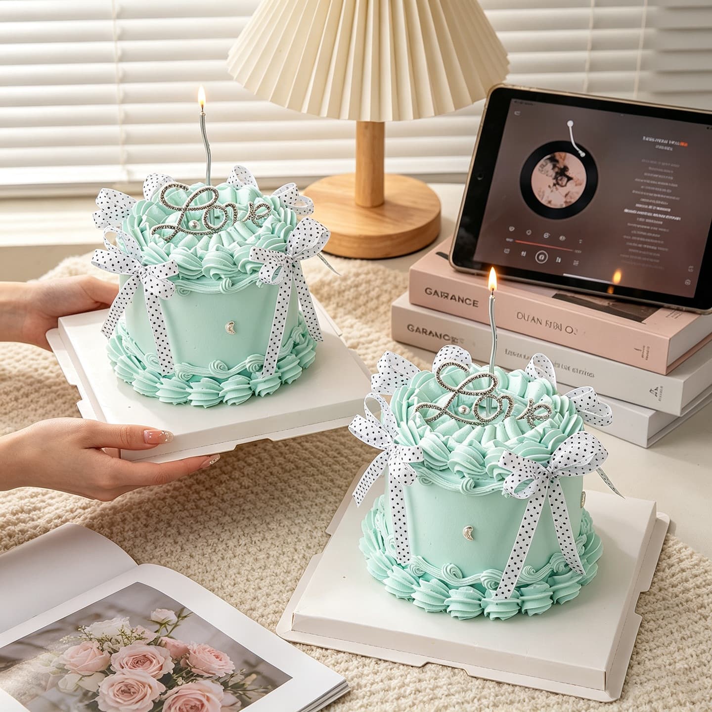 ins polka dot ribbon bow cake decoration beautiful rhinestones love Chinese Valentine's Day couple confession plug-in