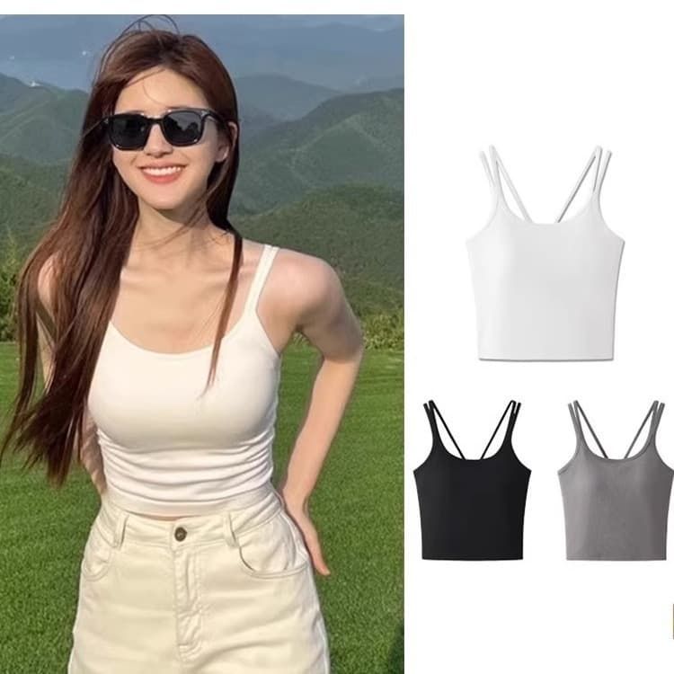 Zhao Rusi's Same-style Slim-fit Slimming White Sling Beautiful Back Vest Women's One-piece Inner Wearing Top with Chest Pad