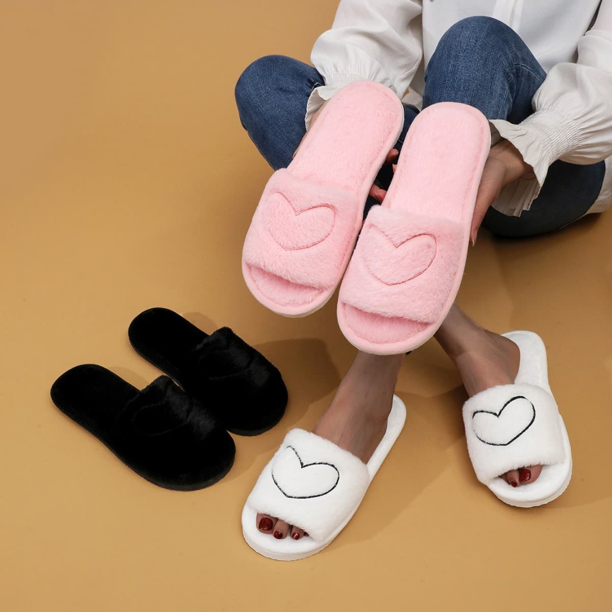 Cross-Border Bestseller Cute Women's Heart-Shaped Open-Toe Quiet Furry Cotton Slippers for Home, All-Season Autumn and Winter