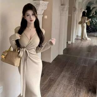 Cross V-Neck Long Sleeve Knit Dress Women Autumn/Winter Base Layer Elegant Dress Waist Tie Wrap Bodycon Midi Dress Trend