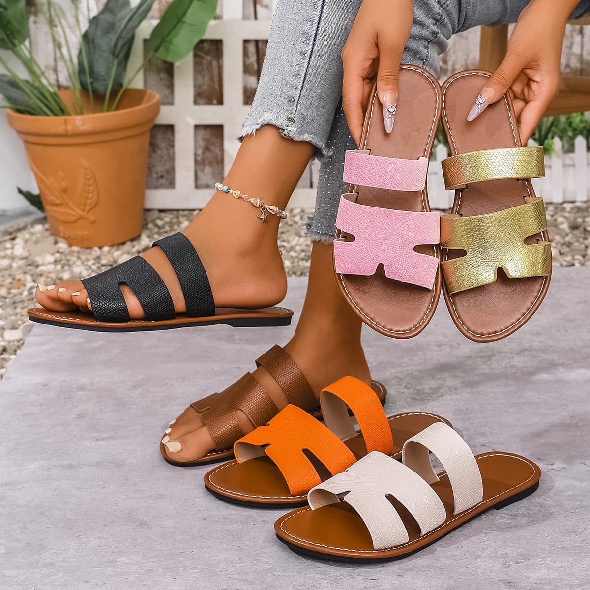 Cross-border flat-soled one-strap sandals 2025 large size summer new round-toe comfortable flat-soled slip-on slippers