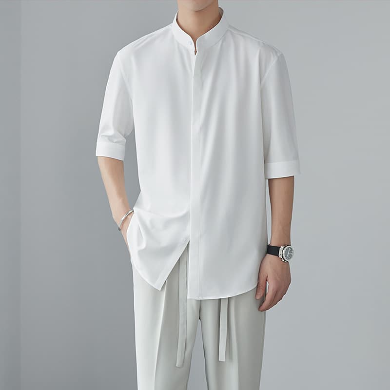 New Chinese style stand collar mid-sleeve shirt men's early spring new niche shirt feel ice silk drape mid-sleeve shirt white