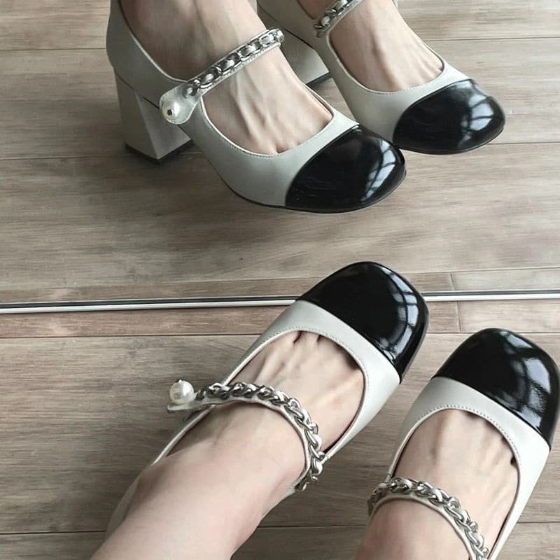 Bridesmaid shoes 2025 new autumn/winter Chanel-style retro French Mary Jane shoes round toe chunky heel color-block everyday shoes