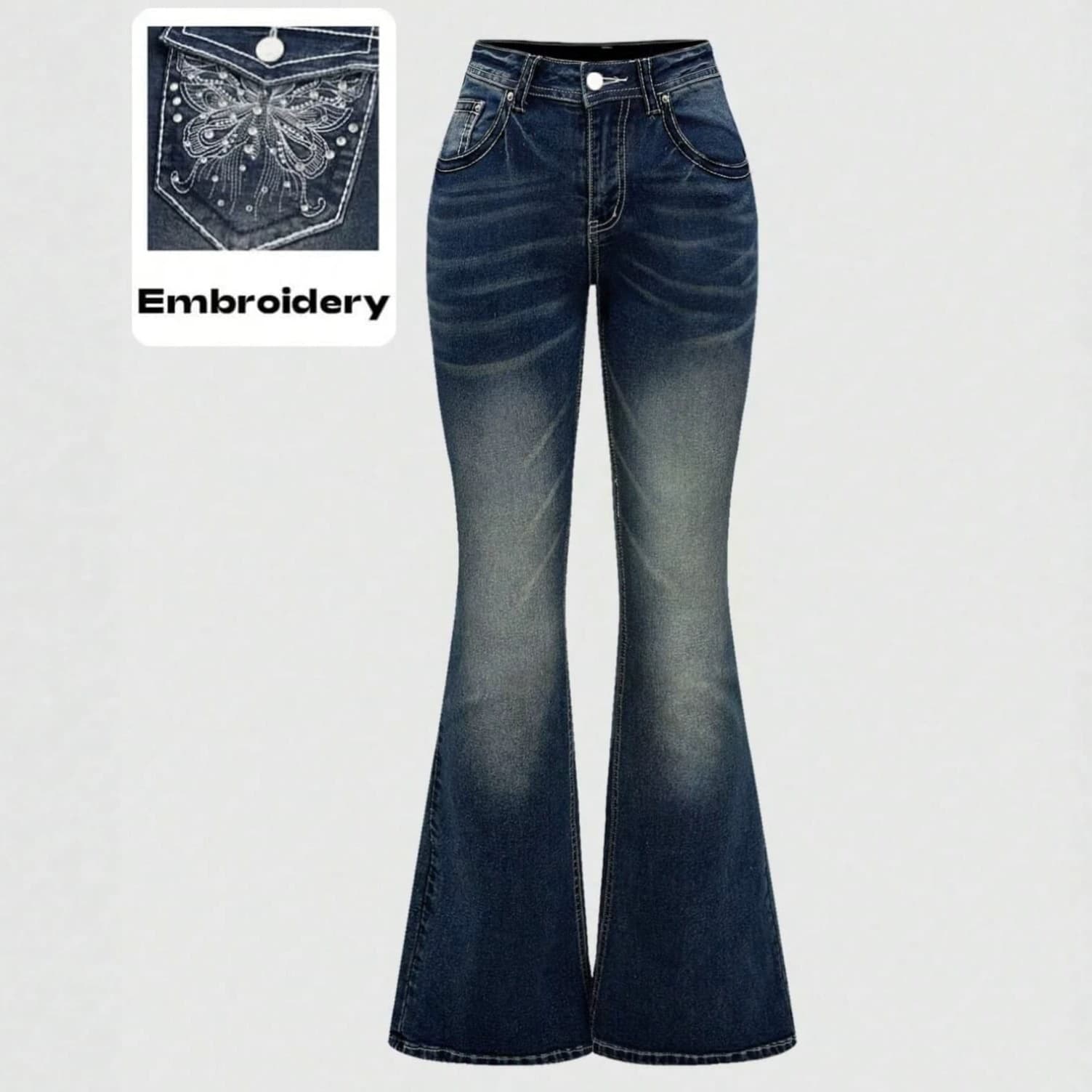 Women Jeans Cross-border European American Stretch AliExpress Vintage Embroidery Elegant TEMU Women's Micro Flare Jeans Rhinestone