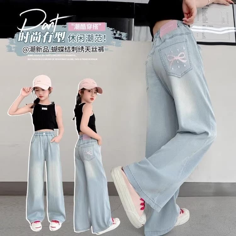 Girls Tencel Denim Jeans Summer Thin Stylish Loose Fit for Older Kids Casual Mosquito-Proof Tencel Denim Wide Leg Pants