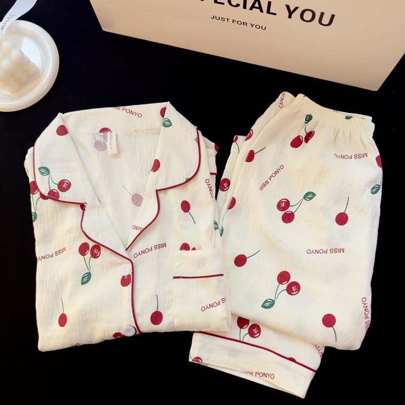Cloud Pure Cotton Gauze Pajamas for Women Spring Summer Long Sleeve Sweet Bowknot Girl Open-Front Loungewear Set