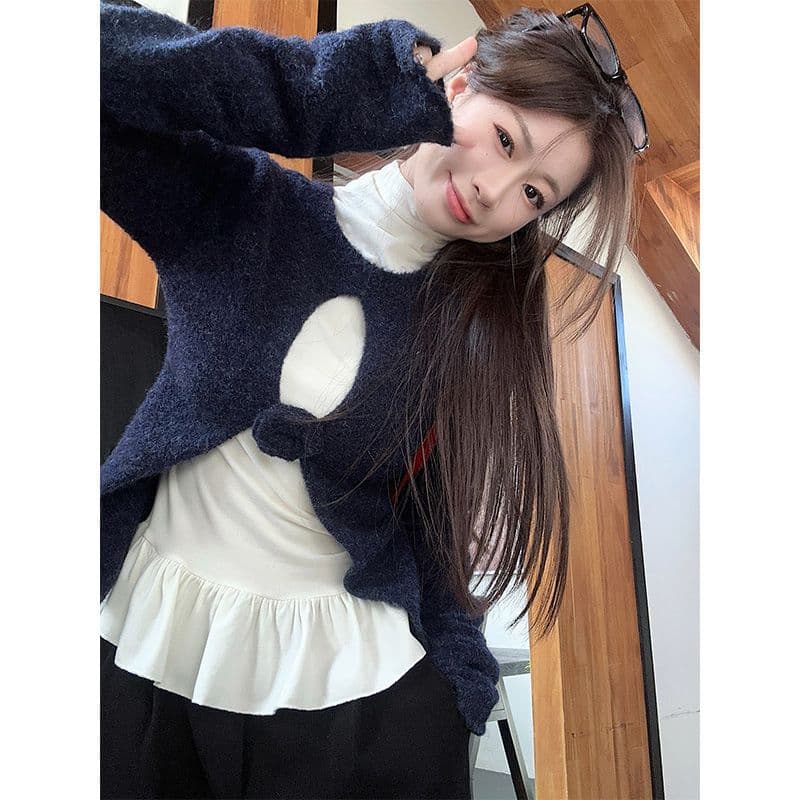 Korean Style Preppy Hollow-Out Long Sleeve Knit Sweater Women's Winter Set Layered High-Neck T-Shirt Base Layer Two-Piece Trendy Outfit