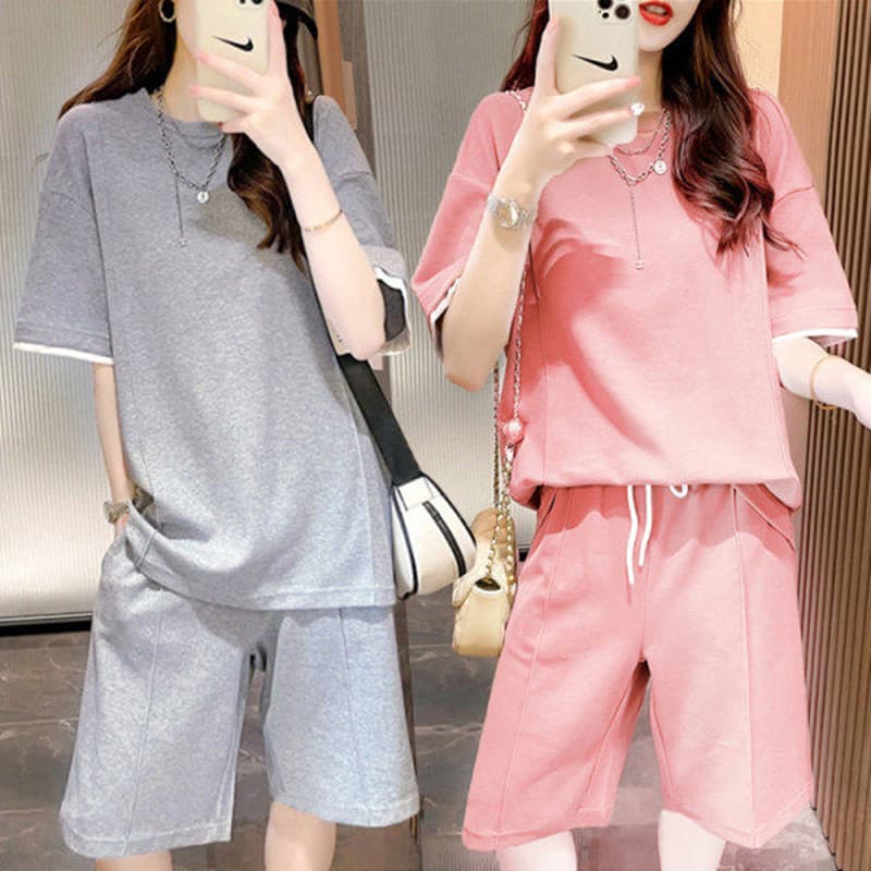 200 Jin Plus Size Casual Sportswear Set Women Summer Korean Style Loose Short Sleeve Five-Point Medium Shorts Two-Piece Cross-Border