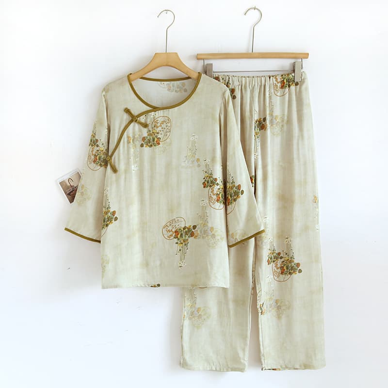 Women's Spring Summer Sweet Fresh Bamboo Fiber Casual Sleepwear Long Sleeve Trousers Set Home Clothes Soft Comfortable Loungewear