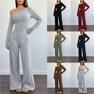 European and American Cross-Border Off-Shoulder Knit Set Women's Fall/Winter New Slim Fit Long Sleeve Top Wide-Leg Pants Two-Piece Set