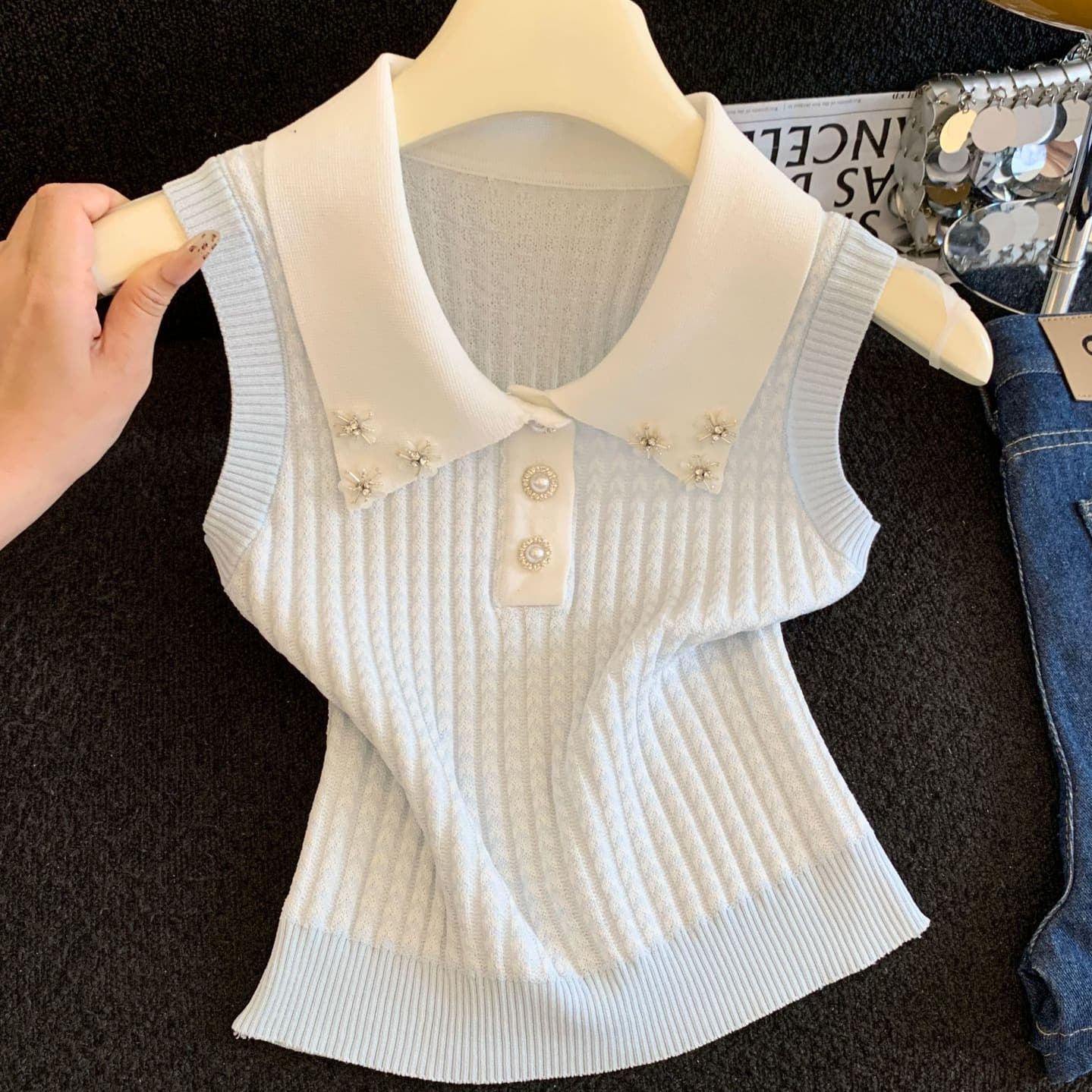 2026 Beaded Flower Contrast Color Lapel Knitted Vest for Women Summer New Style High-End Slim Fit Top Drop Shipping