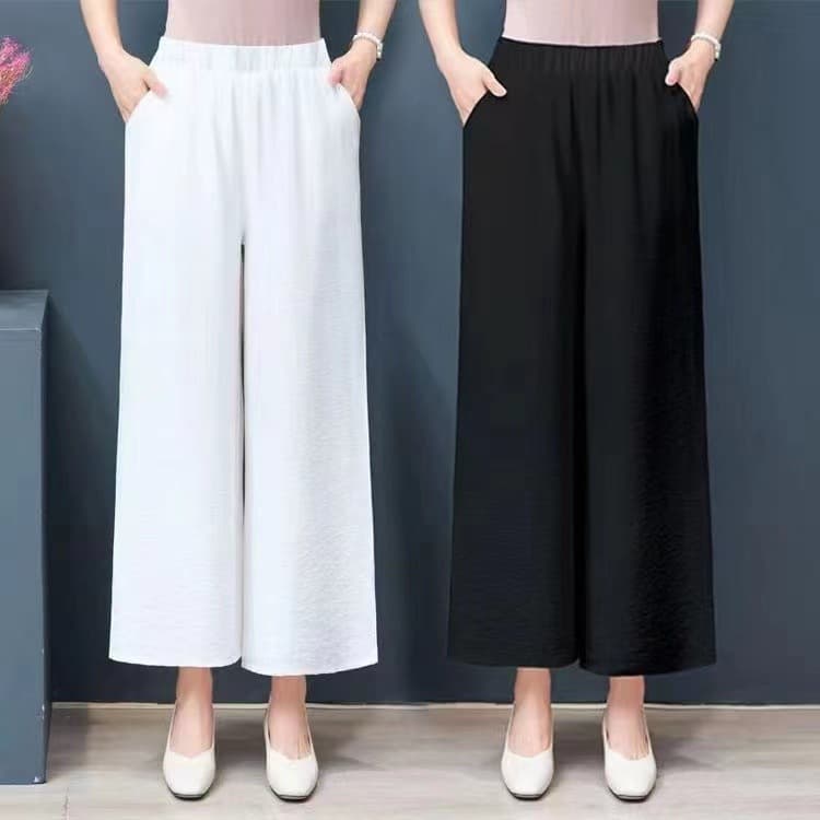 Dropshipping Summer Mom Pants Tencel Linen Nine-Point Elastic Waist Breathable Linen Wide Leg Pants