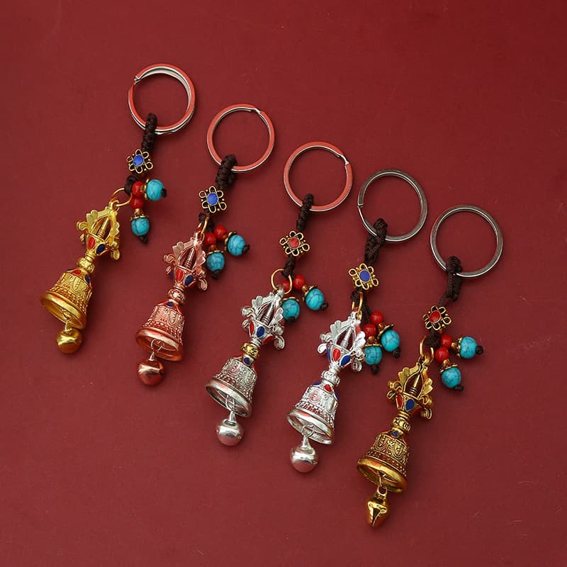 Tibetan-style Alloy Two-tone Vajra Bell Keychain Six-Syllable Mantra Pendant Car Hanging Bag Hanging Dual-use Creative Cultural Play Accessory