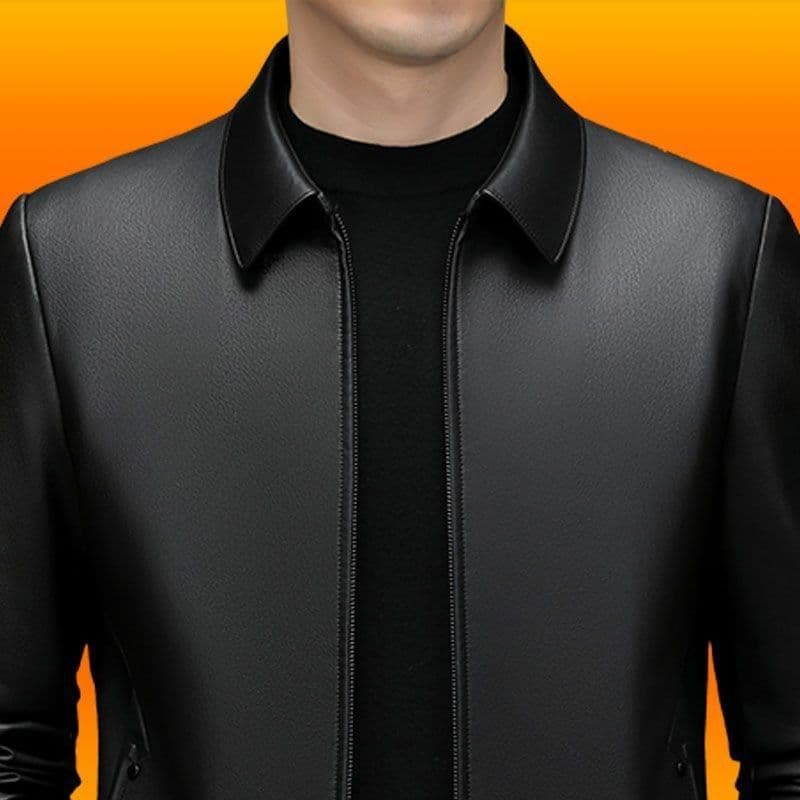 Middle-aged men's leather jacket with fleece lining, casual leather jacket, loose fit, plus size leather coat, suitable for middle-aged and elderly fathers.