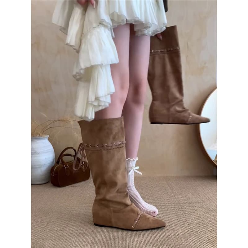 Leather Edition~ Edgy Inner Pleats Elegant Mid-Calf Fashion Boots for Women, Commuting Pointed Toe Below-Knee