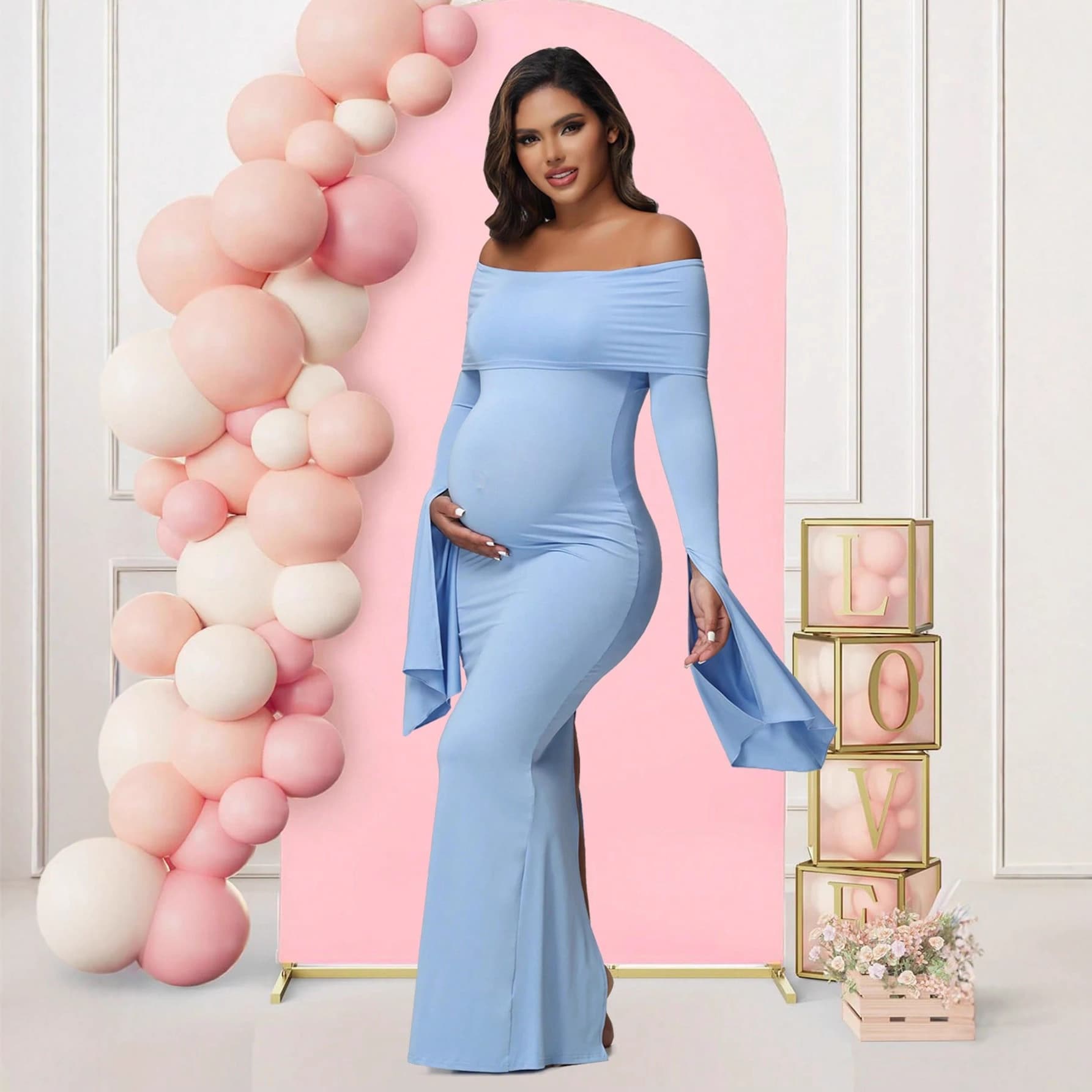 Maternity Dress Export Flared Sleeve One-Shoulder Evening Gown Slim Hip Slit Maternity Dress