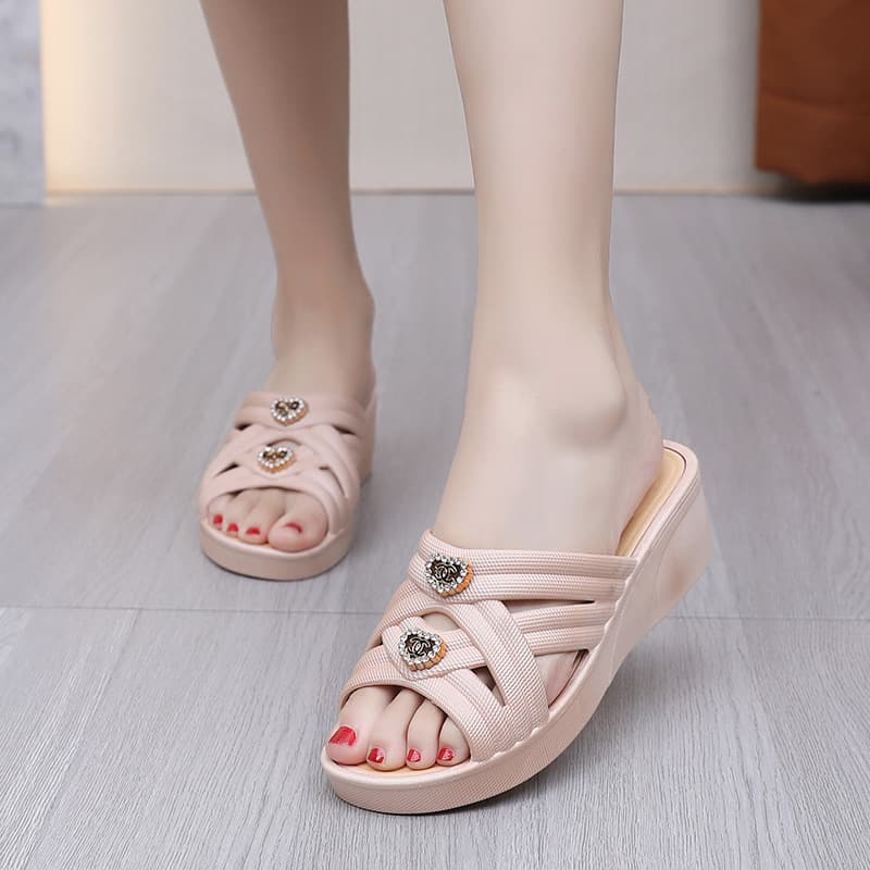 Summer Indoor and Outdoor Women's Soft Sole Wedge Heel Slippers, Comfortable Thick Sole Slippers, Mother Shoes, Bathroom Shower Slippers