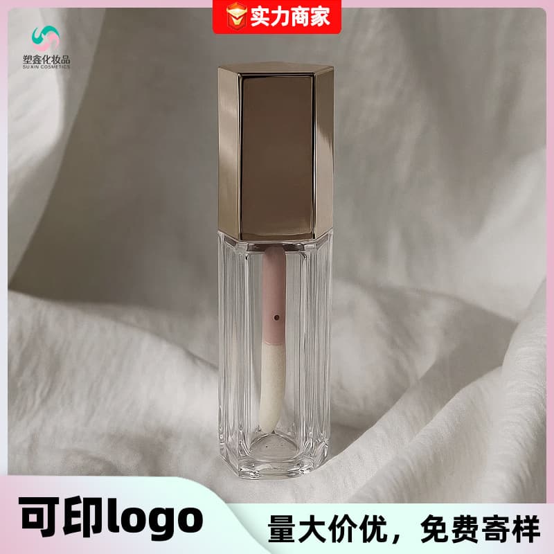 Factory direct sales injection-blown pentagonal lip oil tube PETG transparent bottle large brush head lip glaze bottle printable logo packaging material