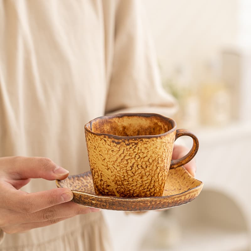 Retro Old Coffee Cup Stoneware Cup and Saucer Set Ceramic Cup Japanese Style Home Coffee Cup Latte Cup Latte Art Cup