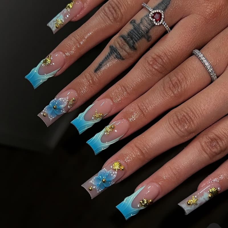 French Blue Cross-Border Hot-Selling Press-On Nails Medium Square 3D Flower False Nail Tips Wearable Nail Tips Wholesale