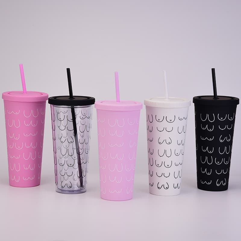 Abstract Fun Urban Outfitters Plastic Double Layer Straw Cup Thickened Breast Design Personalized Simple Sketch Water Cup