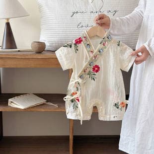 Baby Clothes Summer New Chinese Style Adorable for Boys and Girls, 100 Days One Year Old Ceremony Dress Newborn Lace Embroidery Romper