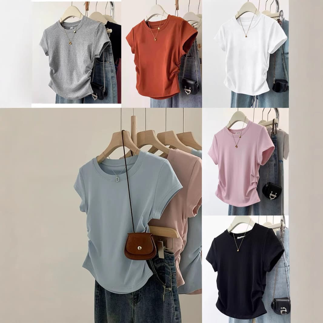 8613 Combed Cotton Slim Fit Shoulder Pleated Short Sleeve T-Shirt Women's Summer Designer Top