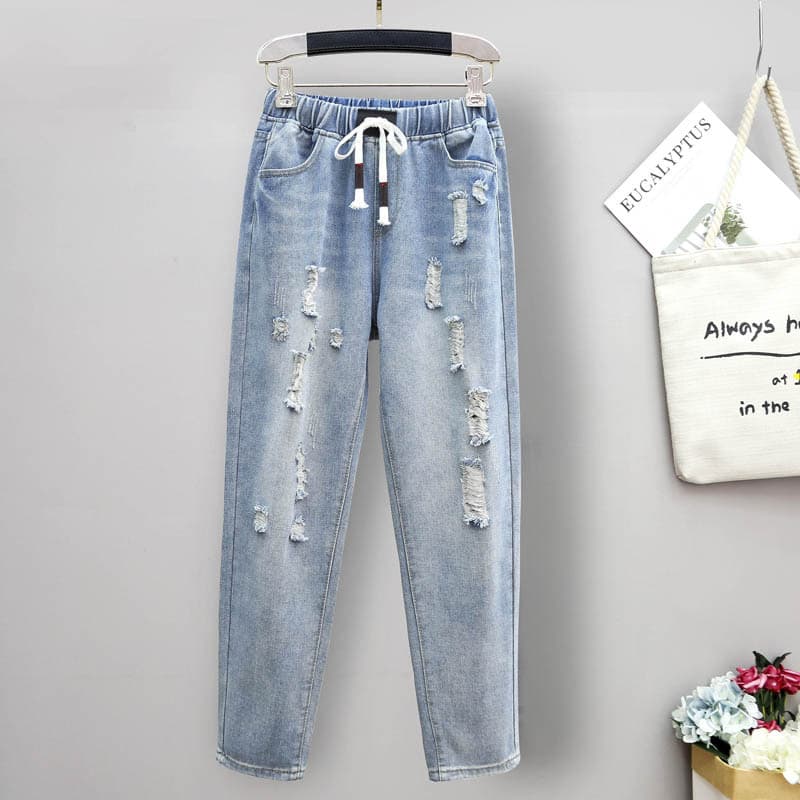 Cross-border E-commerce Plus Size Jeans for Women Loose Fit Ripped Harem Pants for 200 lbs Heavyweight