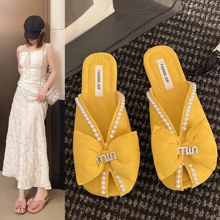 2026 Summer New Korean Style Closed-Toe Bow Flat Fashion Comfort Pearl Slip-On Half Slippers