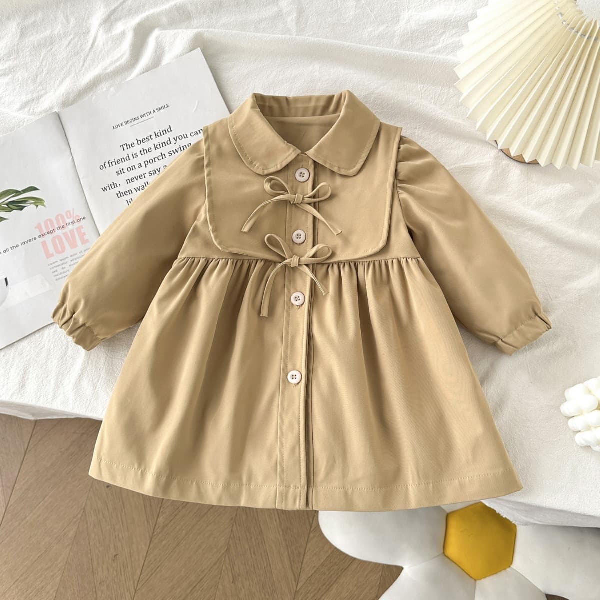 6671 Girls' Spring/Autumn Bow Tie Large Lapel Windbreakers, New Spring Children's Baby Girls' Stylish Outer Windbreakers
