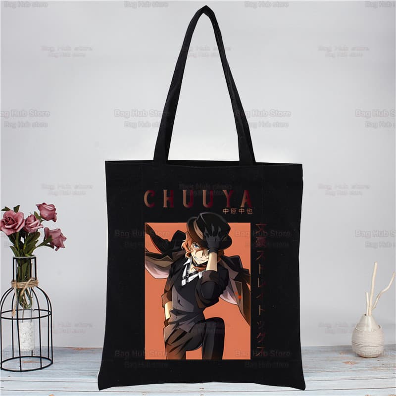 Bungou Stray Dogs Canvas Bag Single Shoulder Fashionable Shopping Handbag Student Stylish Print Tote Bag Black White Unisex