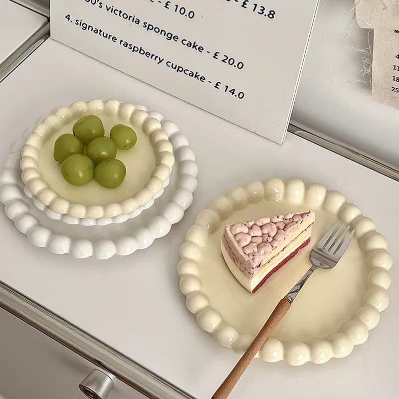 Korean Ins-style Cream Ceramic Plate with Pearl Dots, Creamy Beaded Rim Dessert Plate, Breakfast Plate, Tableware