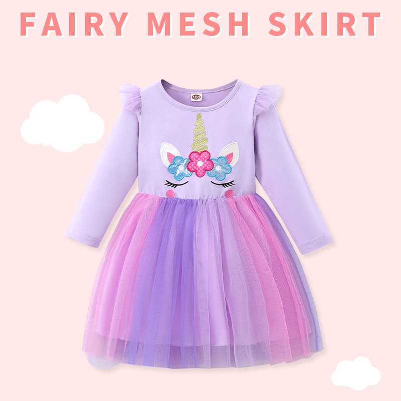 Girls Long-Sleeved Princess Dress Simple and Cute Colorful Mesh Skirt Cartoon Popular Unicorn Children's Dress Children's Clothing