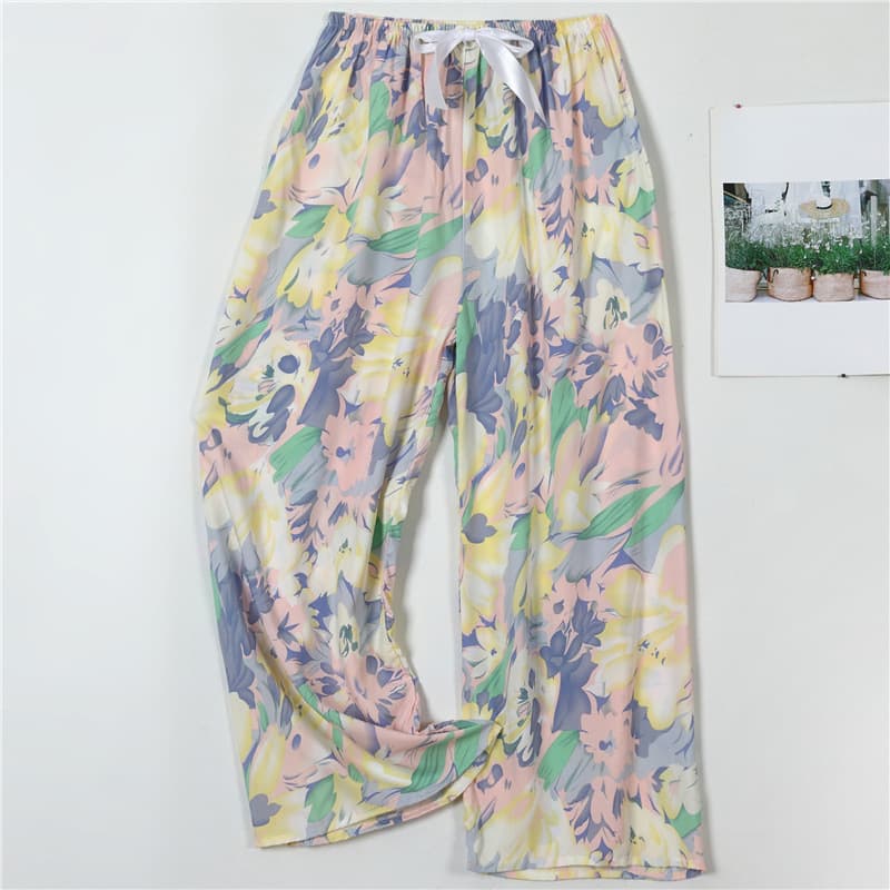 Cotton Silk Sleep Pants Women's Spring Summer Thin Cartoon Print Long Pants Can Be Worn outside Loose plus Size Home Pants