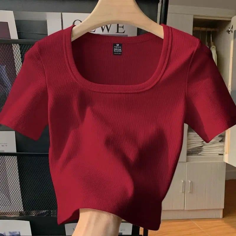 Cotton Wine Red Square Collar Shoulder Short-Sleeved T-Shirt Women's Summer New Slim-Fit Slimming Inner Base Short Top
