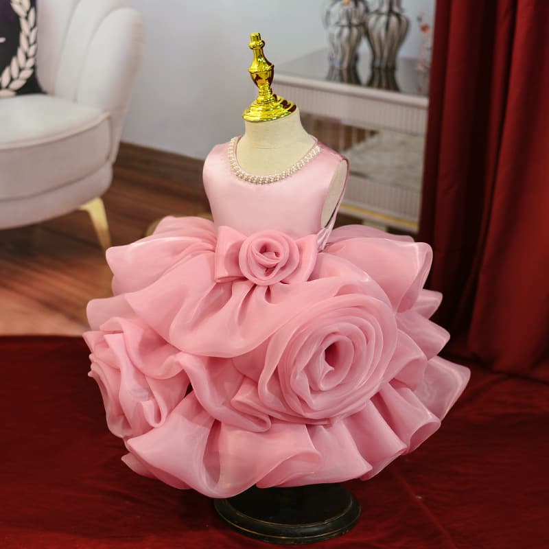 3D Rose Pearl Collar Tutu Dress Kids Birthday Party Gown Flower Girl Cross-Border Princess Dress