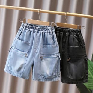Boy's Tencel Denim Shorts, Summer 2026 New Collection, Children's Mid-Length Pants, Older Kids Boy's Cargo 5-Point Shorts, Blue-Black