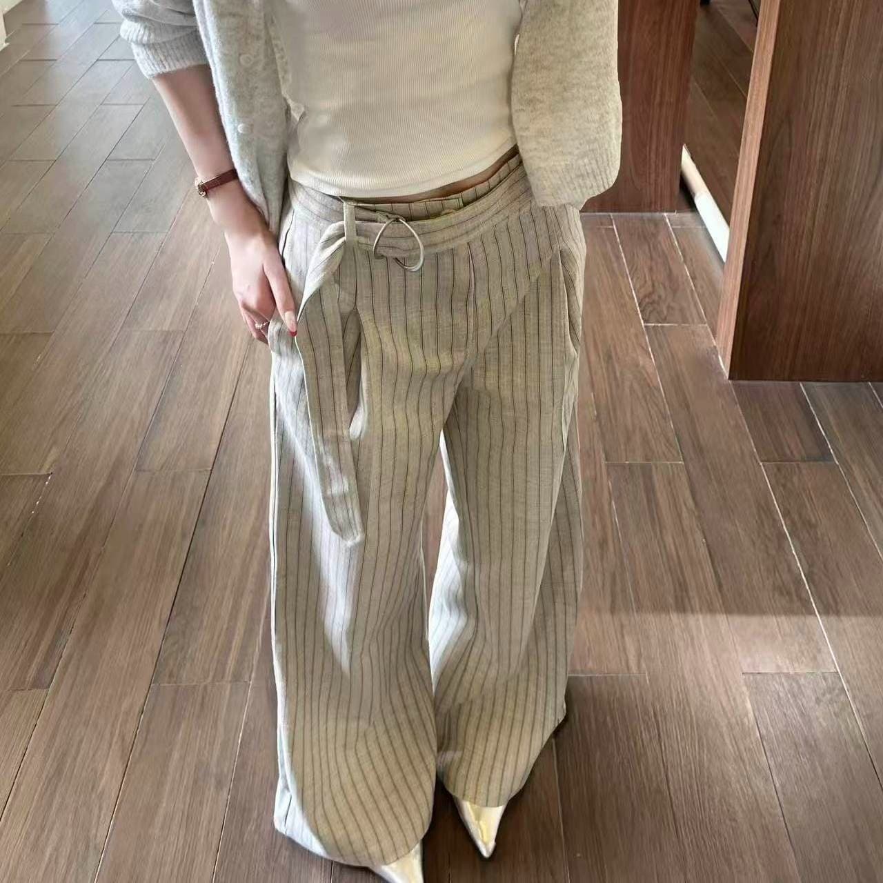 Dark pattern jacquard wool blend single pleat removable ribbon loose bootcut striped trousers casual trousers
