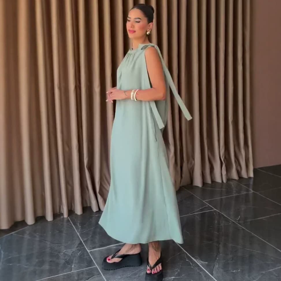 Amazon Cross-border 2026 Women's Spring/Summer Sleeveless Round Neck Dress, Fitted Waist Long Dress, Solid Color Ribbon Dress