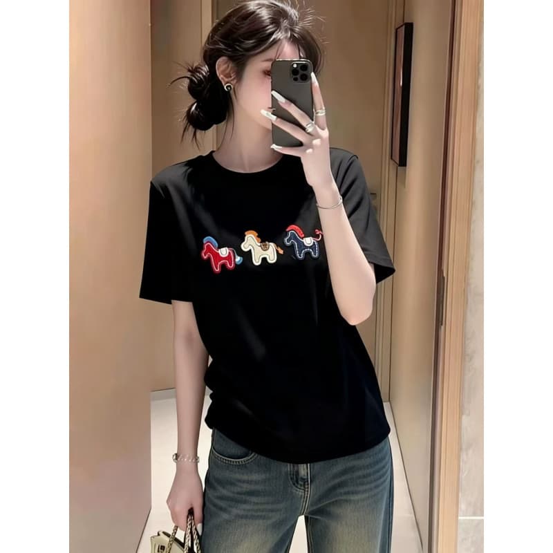 2026 New Year Early Spring Pony Embroidered Short Sleeve T-Shirt Women's Loose Casual Fashion Niche Bottoming Shirt Top