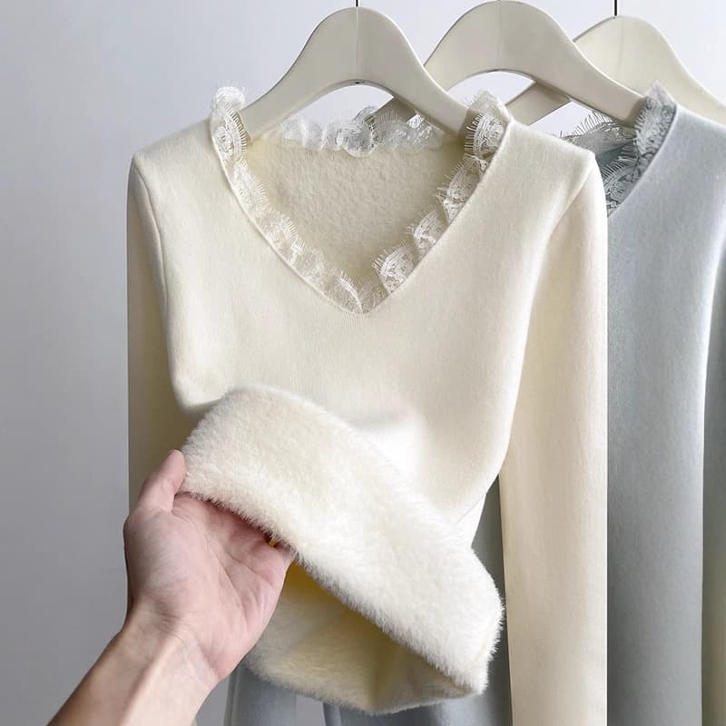 V-Neck Lace Knit Base Layer Top for Women, Fleece-Lined and Thickened Integrated Fleece Inner, New Fall Winter Stylish Long Sleeve Top
