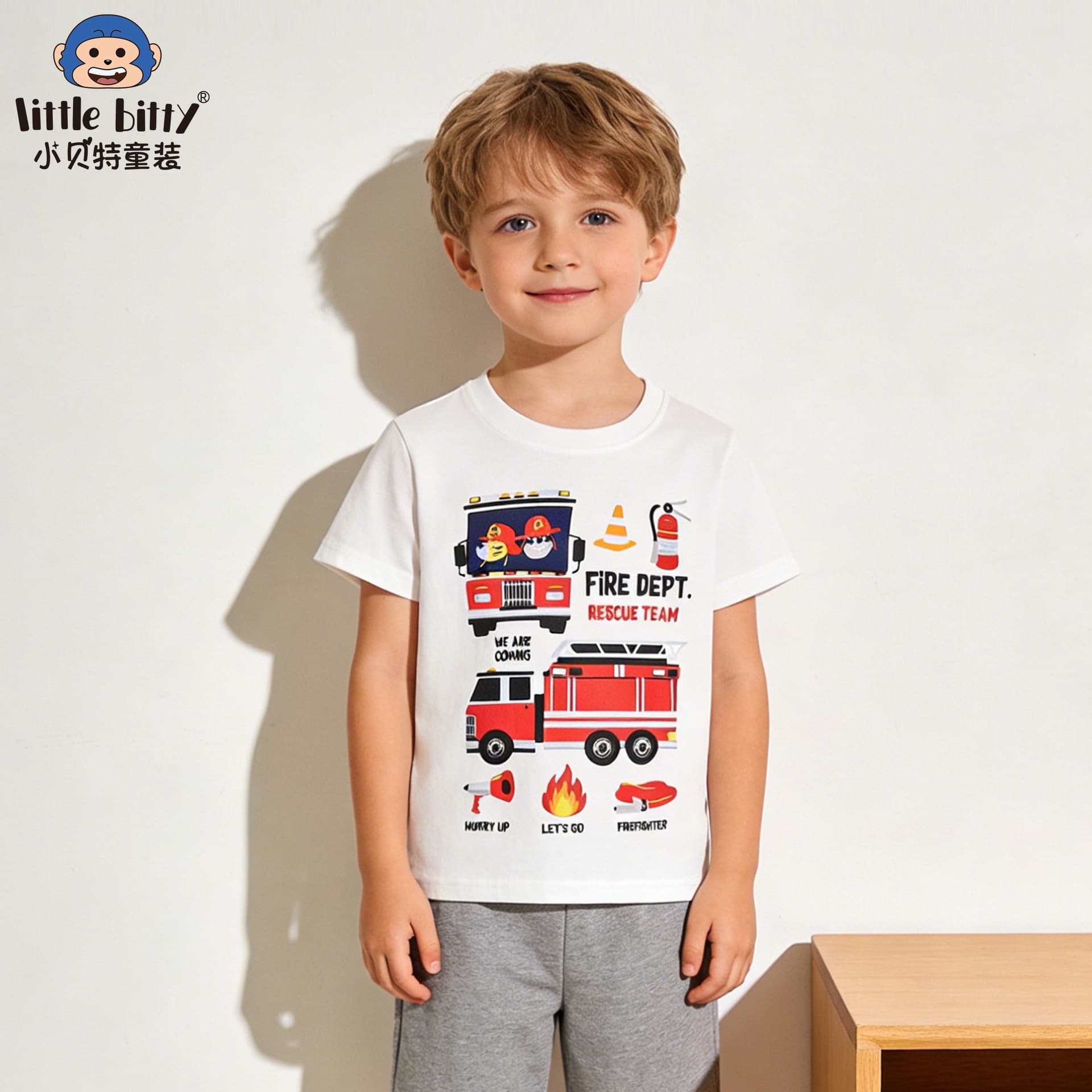 Cross-border Children's Clothing 2026 Spring/Summer Kids Short Sleeve T-Shirt Fire Truck Print Round Neck Factory Stock Apparel Wholesale