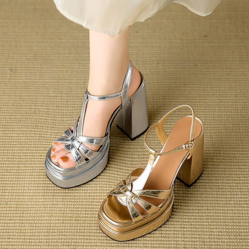 12cm High Heel Open Toe Woven T-Strap Chunky Heel Platform Sandals Summer New Women's Shoes Export Cross-border Shoes