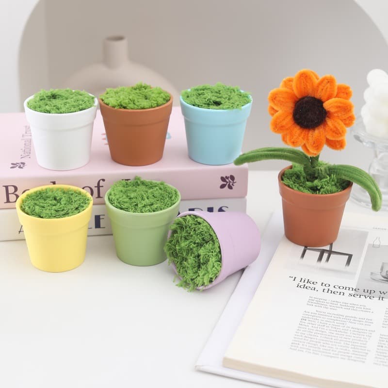 Trendy Mini Potted Plant Pot - Shatterproof White, Imitation Ceramic Color, Handmade DIY Crochet Car Plant Pot with Artificial Grass