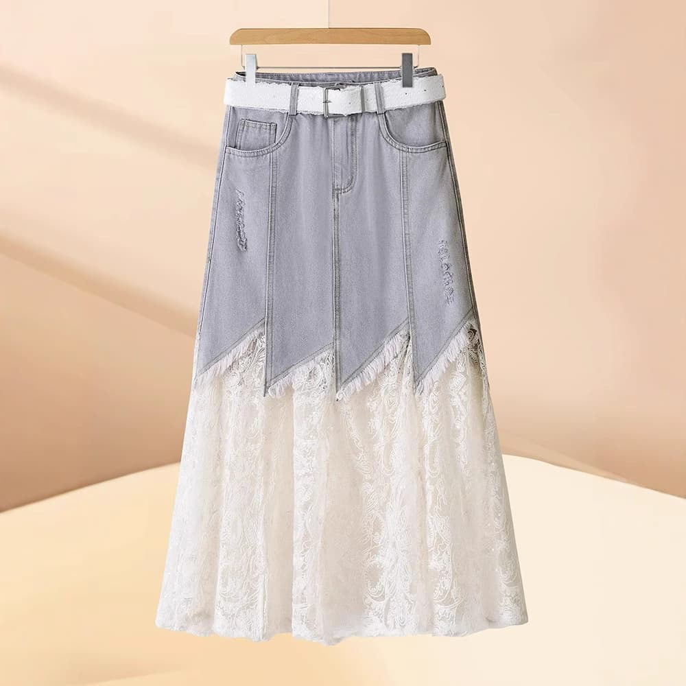 High-Waist Denim Pleated Skirt for Women, Summer Thin New Style with Lace Patchwork, A-Line Skirt, High-End Exquisite Half Skirt